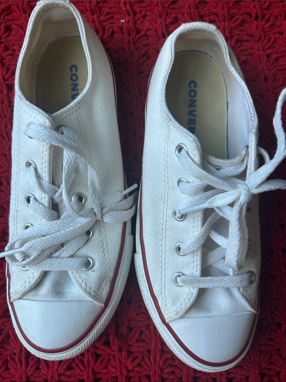 Converse Kids White Canvas Low Top Sneakers with Red Trim